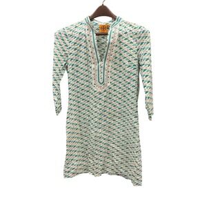 Tory Burch Teal Flamingo Print Embroidered Tunic Dress White Size 4 Boho Resort